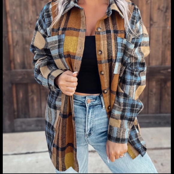 Brown plaid color block button up shirt - Picture 2 of 13